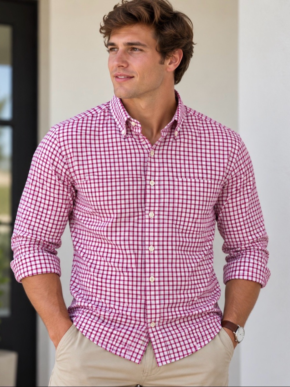 Peter Millar Men's Pink White Gingham Button-Down Golf Pride Grips Logo Shirt